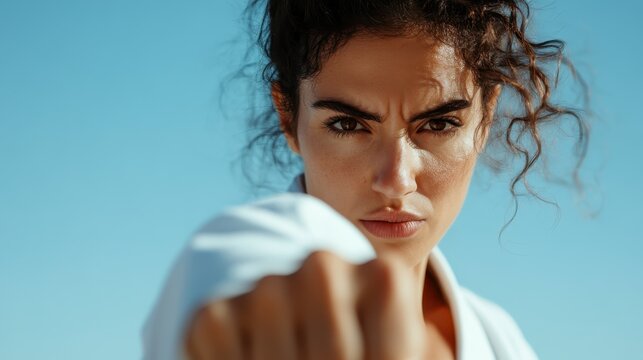 A determined woman dressed in a white outfit, in an action stance ready to punch forward, with a fierce expression, portraying strength, courage, and empowerment.