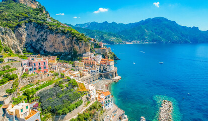 Atrani on Amalfi Coast, Italy. Aerial photo of famous city Atrani located on Amalfi Coast in Italy