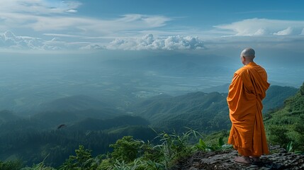 Naklejka premium A monk in orange robes gazes over a lush landscape under a cloudy sky.