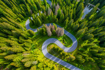 Snake Road in the Dolomites. Sunrise aerial forest