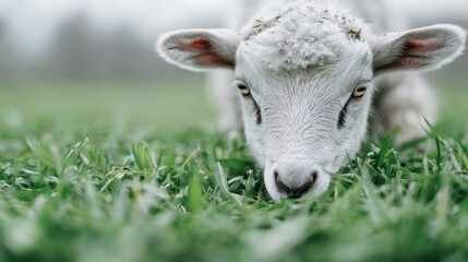 Fototapeta premium A close-up photograph capturing another goat with its head down, happily munching on fresh green grass, emphasizing the simple beauty of nature and farm life.