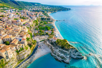 Obraz premium Tropea, Calabria, Italy. Church of Santa Maria dell'Isola. Monastery and coastline with azure crystal-clear water