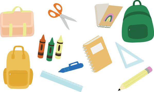 Ensemble fournitures scolaires cartable cahier stylo ciseaux crayon r&egrave;gle &eacute;querre stylo sac &agrave; dos vecteur