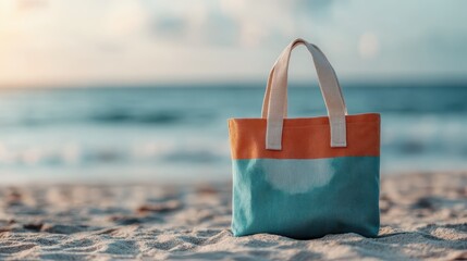 A stylish beach bag with a striking orange and blue gradient on the sand, featuring a scenic ocean view in the background, perfect for summer and beach-themed content.