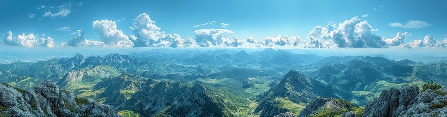 Fototapeta premium Panoramic mountain landscape under a bright blue sky with fluffy clouds