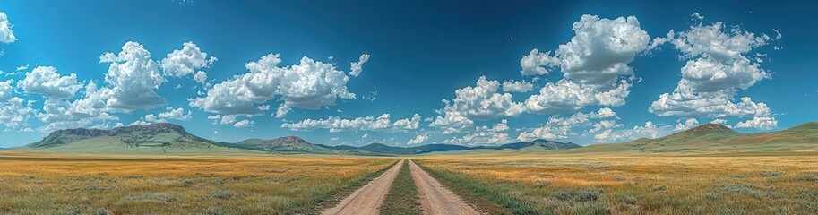 Dirt road through a wide open grassland with mountains under a bright blue sky