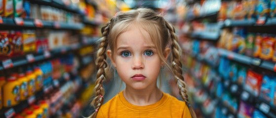 Fototapeta premium A young girl with braids stands in an aisle of a store. AI.