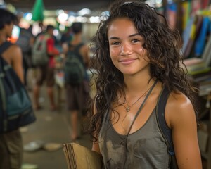 Fototapeta premium A young woman with curly hair smiles at the camera. AI.