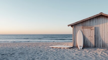 An isolated beach shack with surfboards resting against it at the shoreline, offering a peaceful and serene setting perfect for surfers and beach lovers alike.