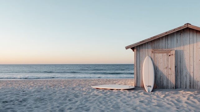 An isolated beach shack with surfboards resting against it at the shoreline, offering a peaceful and serene setting perfect for surfers and beach lovers alike.