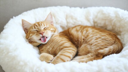 Cute ginger cat sleeping with tongue out, funny and adorable. Total exhausted.