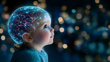 A young child's brain operated by artificial intelligence, with glowing neural connections.