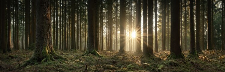 A panoramic view of the sun shining through the dense forest, with tall trees and mossy trunks Generative AI