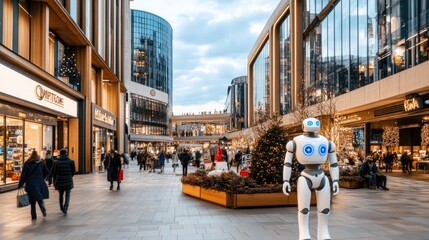 Obraz premium A humanoid robot with blue glowing eyes and a silver neck collar stands in a busy shopping mall, where visitors explore various shops in a modern atmosphere