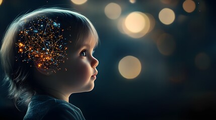 A young child's brain operated by artificial intelligence, with glowing neural connections.