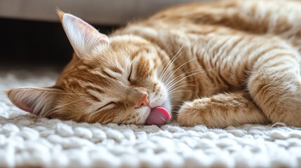 Cute ginger cat sleeping with tongue out, funny and adorable. Total exhausted.