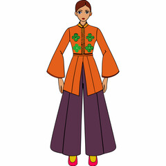 Wide Blouse with Long Trousers Embroidered Luxury Set on White Background