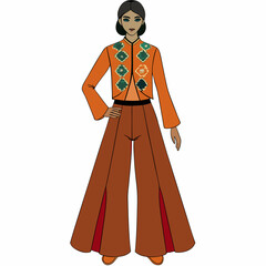 Wide Blouse with Long Trousers Embroidered Luxury Set on White Background