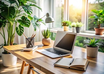 Fototapeta premium Modern workspace with laptop, notebook, and pens on clutter-free desk, surrounded by natural light, plants, and minimalist decor, conveying efficiency and focus.