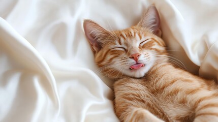 Obraz premium Cute ginger cat sleeping with tongue out, funny and adorable. Total exhausted.