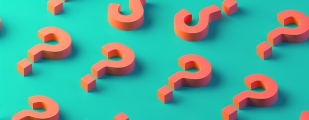 Minimalist 3D Isometric Composition of Orange Question Marks on a Teal Background with Simple Design Aesthetics