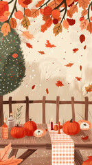 Autumn Picnic Scene with Falling Leaves