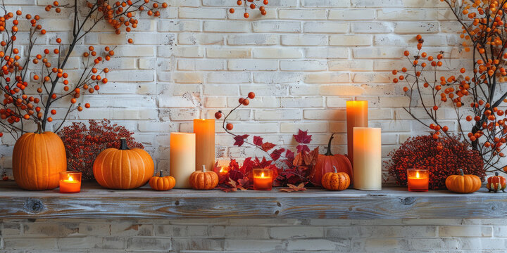 Inviting autumn scene with pumpkins, candles, and leaves on a rustic shelf, creating a cozy atmosphere perfect for fall celebrations. Banner
