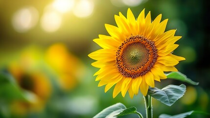 Obraz premium Radiant sunflower in close-up with a blue sky perfect for adding cheer to nature-themed backgrounds