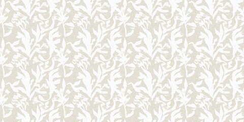 Seamless french gender neutral floral linen printed fabric border background. Light mottled white on grey cottage core block print pattern. Shabby chic woven duotone cloth effect. 