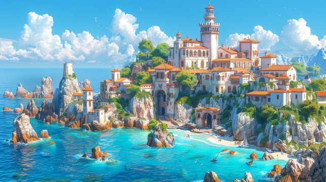 Golden Roman Lighthouse Styled in Clash Royale Game Art with Isometric Design and Castle District, Captured in a Mobile Game Art Aesthetic