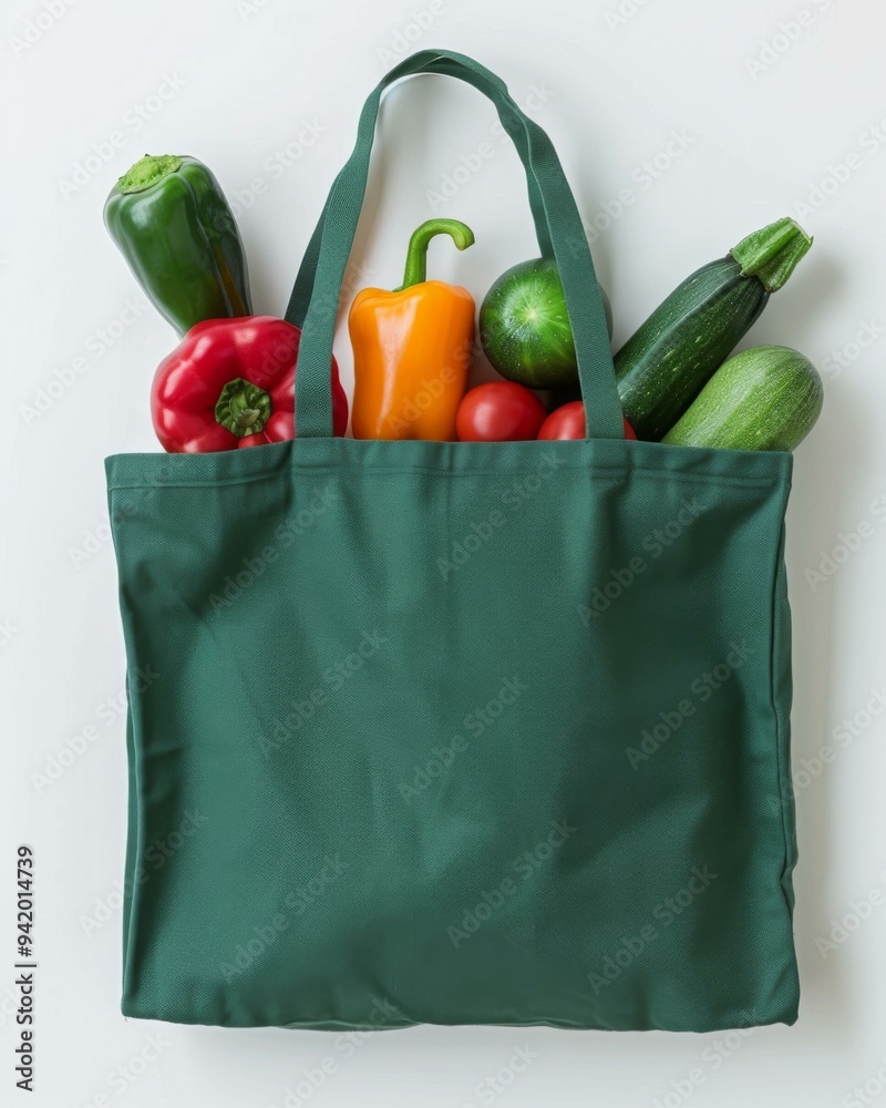 Sticker A green bag filled with vegetables on a white background. AI.