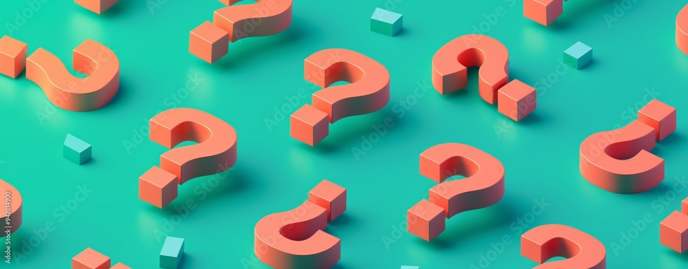 Poster minimalist 3d isometric composition of orange question marks on a teal background with simple design