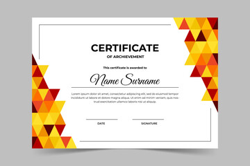 Modern elegant orange yellow certificate template with geometric shape. Appreciation for business and education. Vector illustration