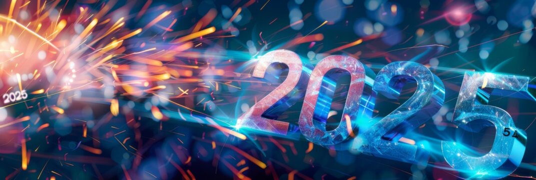 This vibrant 2025 New Year celebration background depicts dynamic fireworks, sparks, and glitter. Ideal for promoting festive events, sharing on social media, and sending digital greetings