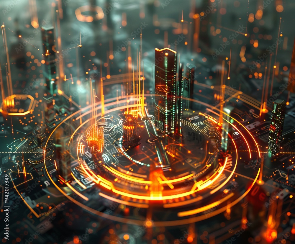 Poster futuristic concept of a question mark surrounded by statistical elements, emphasizing data-driven in