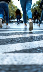 A group of people walking across a crosswalk in the city. AI.