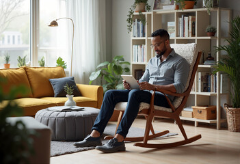 A man is sitting in a brown rocking chair. He is wearing a gray button up shirt, blue jeans and black shoes. The man is holding a white tablet in his hands. There is a gray ottoman in front of the man