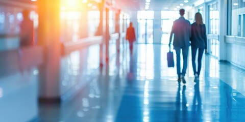 A couple of people walking down a hallway in an office building. AI.