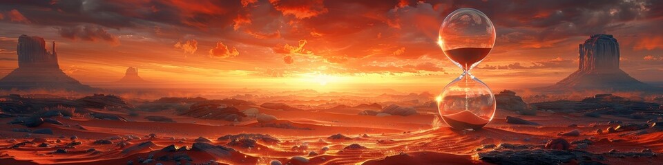 Fantasy Cartoon Style Illustration of an Hourglass Covered with Sand in a Desert at Sunset, Featuring High Details and a Dreamlike Atmosphere in an 8K Ultra-Realistic Scene