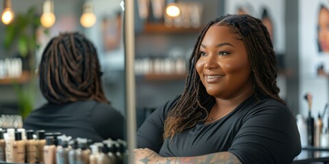 A woman with dreadlocks sitting in front of a mirror. AI.