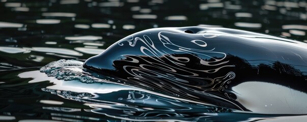 Close-up of orca whale's face with water reflections.