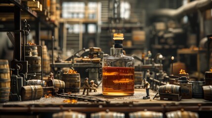 Giant Whiskey Bottle in the Center of an American Whiskey Factory, With Miniature Workers Operating Barrels, Oaks, and Machines, Depicting Extreme Tonal Balance and Industrial Detail