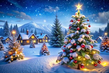 Bright New Year and Christmas background with a beautiful elegant Christmas tree in the center and sparkling lights