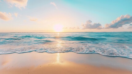 Obraz premium Beach Scene at Sunset with a Happy Atmosphere, Featuring Smooth Light Over White Sand, Blue Ocean, and Green-Blue Sky, Captured with a Canon 4D Mark IV in a Cinematic Style