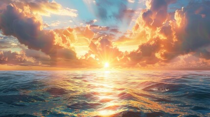 Obraz premium Breathtaking Seascape at Sunset with Dynamic Sky and Serene Ocean, Featuring Brilliant Rays of Sunlight Piercing Through Majestic Clouds, Captured in a Radiant Display of Sunset Hues