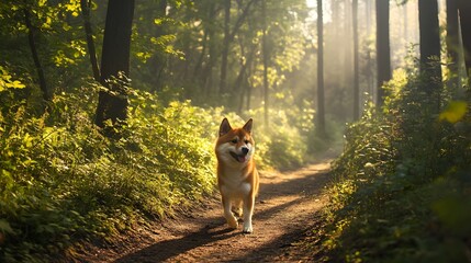 A curious and adventurous Shiba Inu dog exploring a lush verdant forest trail with ample copy space for text overlay or graphic design