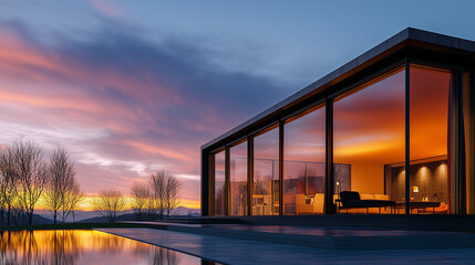 Obraz premium Luxurious Glass-Fronted Home at Sunset with Scenic Surroundings