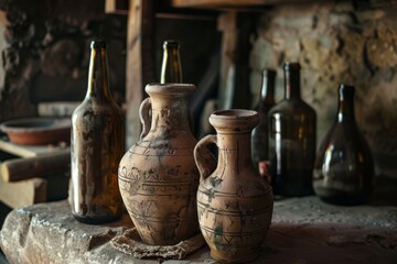 Wine Contained in Clay Vessels During Ancient Roman Times, Illustrated in a Historical and Super Realistic Style with Intricate Details and High Accuracy