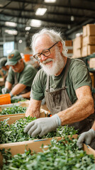 Fototapeta premium A man in a green shirt and apron is smiling while working in a greenhouse