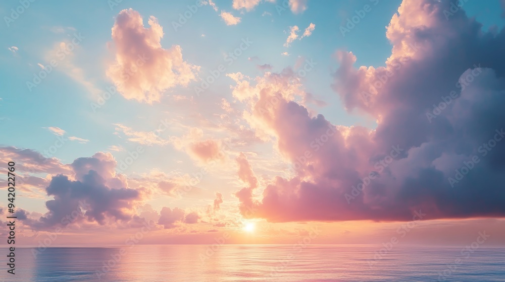 Canvas Prints A breathtaking sunrise over the ocean, with vibrant pink and orange hues illuminating the sky. The clouds are dramatic and ethereal, creating a sense of peace and tranquility. This image evokes feelin